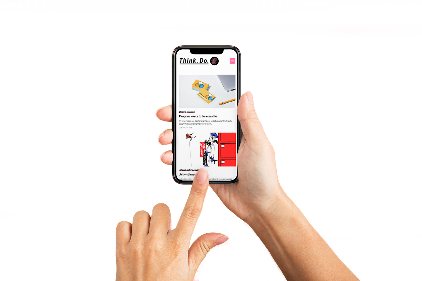 A person holding their phone with Think.Do. articles on the screen