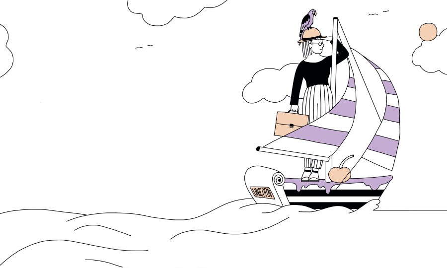 A businesswoman sails a ship on the sea