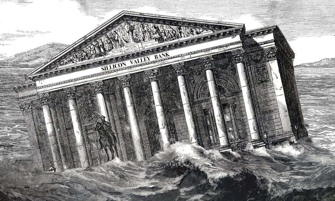 An illustration of Silicon Valley Bank sinking into the ocean