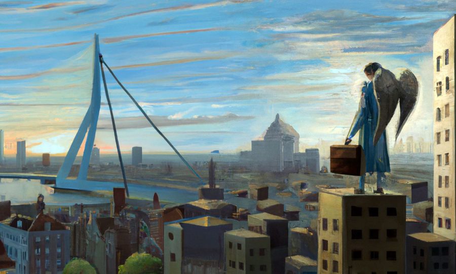 An painting of angel with a briefcase standing over the city of Rotterdam