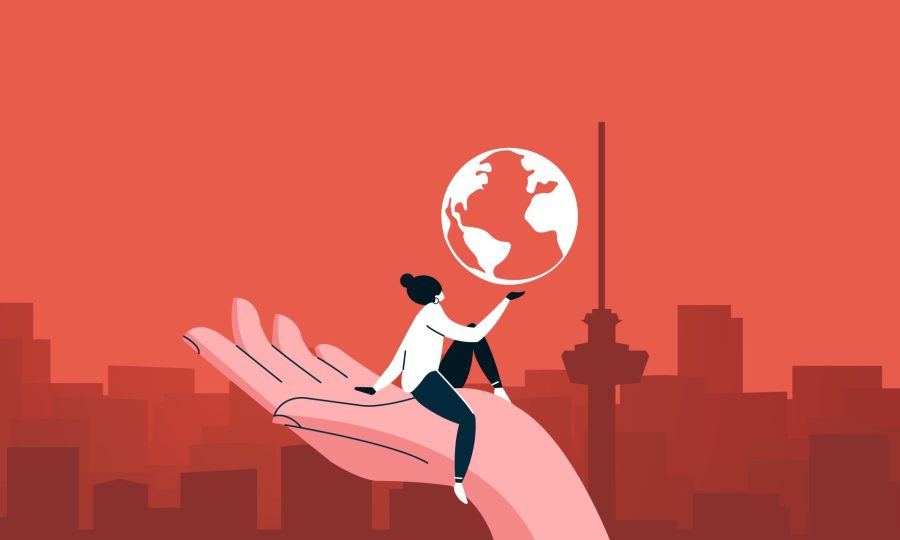 A women sitting on an outstretched hand, holding planet earth