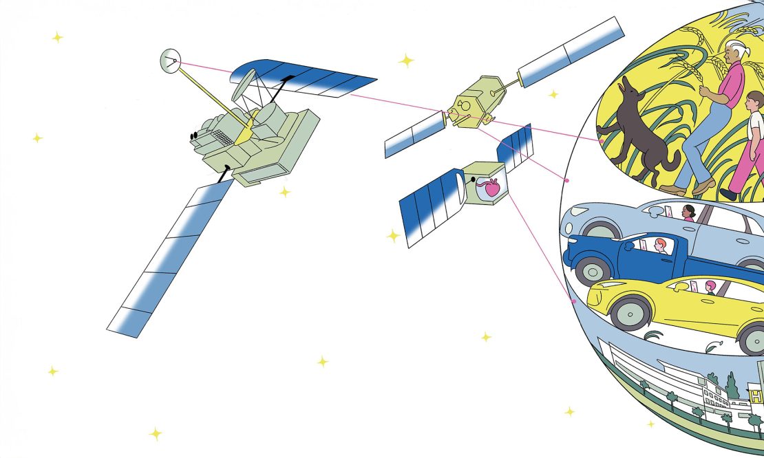 A retro drawing of satellites around the planet earth, with images of a farm, people navigating, and a hospital.