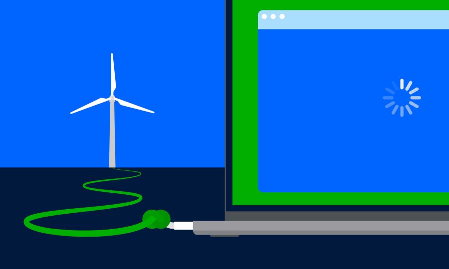 A windmill is connected to a laptop, but the power cable is tied in a knot.