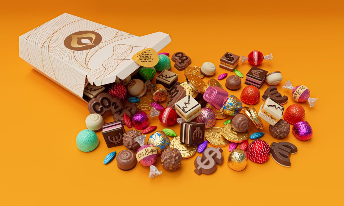 A box of colourful chocolates spills over a desk. Each chocolate is labelled or made with different social aspects, like CO2, costs, company balances, zero sugar, etc.